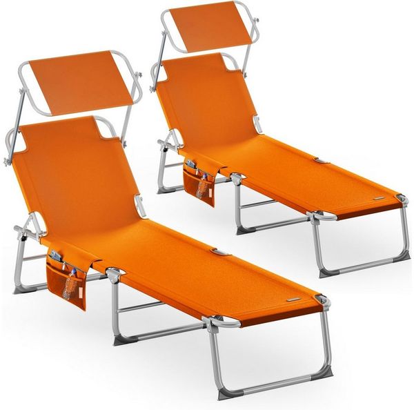 Casaria® 2er Set Sonnenliege Klappbar Wetterfest Gartenliege Mit Dach Seitentasche Tragegriff bis 150kg 190cm Aluminium 2 Personen Liegestuhl Orange