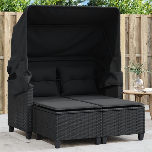 vidaXL Gartensofa 2-Sitzer mit Dach und Hockern Schwarz Poly Rattan 365781
