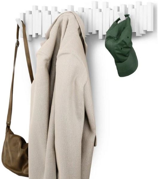Umbra Stäbchen Garderobenhaken mit 8 Haken – Moderne und platzsparende Garderobenleiste mit acht Beweglichen Haken für Jacken, Mäntel, Schals, Handtaschen und mehr, Weiss