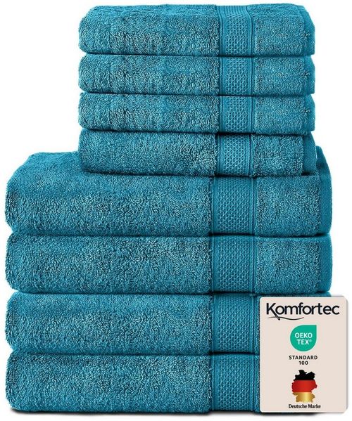 Komfortec 8er Handtuch Set aus 100% Baumwolle, 4 Badetücher 70x140 und 4 Handtücher 50x100 cm, Frottee, Weich, Towel, Groß, Türkis