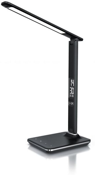 Brandson Schreibtischlampe Lederoptik LED Tischlampe dimmbar, Temperatur, Alarm, Kalenderfunktion, Tageslicht, 3 Lichtfarben, 5 Helligkeitsstufen, USB Lade Anschluss