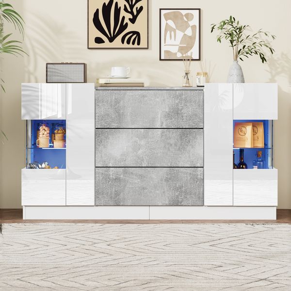 Sideboard mit LED-Licht, 2 Türen & 3 Schubladen, weiß, B140xT35xH75 cm