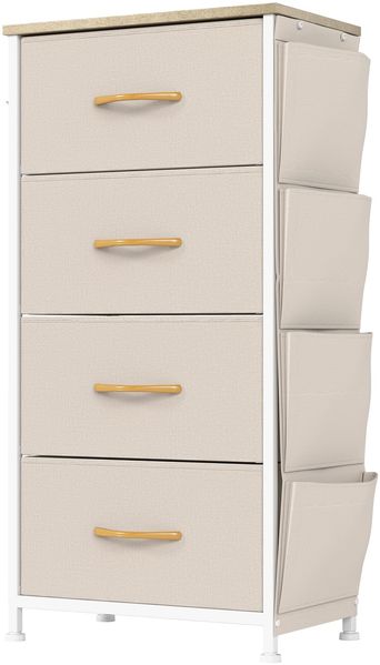 YITAHOME Kommode,Kommode mit 4 Schubladen,Kommodenschrank mit Haken und Seitentaschen,Stoffschubladen mit Griffen,Metallgestell,Dauerhaft,Beige