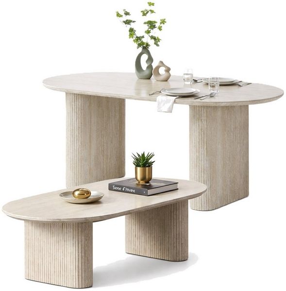 HOOZ Wohnzimmertisch Couchtisch & Esstisch oval Keramik Traventin-Optik 130x70 cm/180x90 cm (Set, 1× Esstisch, 1× Couchtisch), Keramik-Tischplatte, verschiedene Varianten, pflegeleicht & stabil