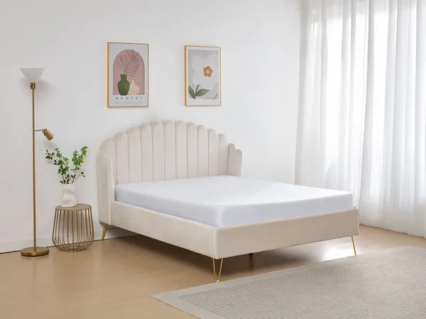 Vente-unique - SAGALI Bett SamtStoff Beige - B 203 cm x H 126 cm x L 158 cm