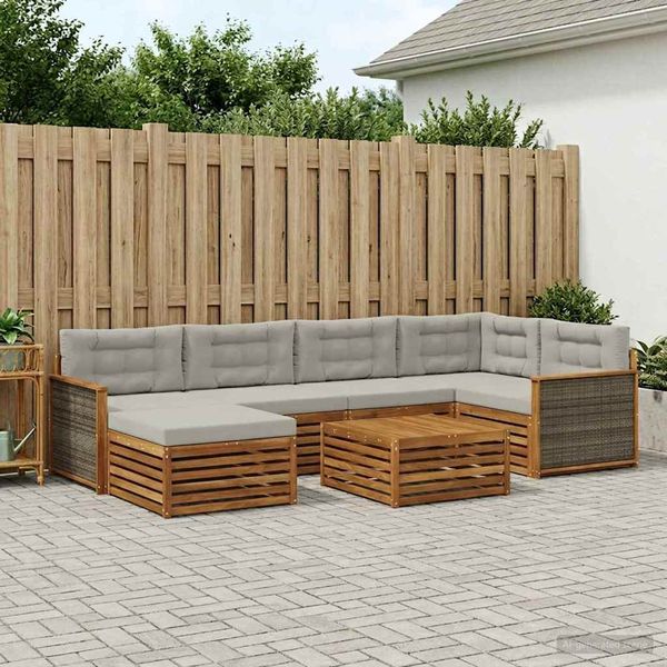 vidaXL Outdoor-Sofagarnitur mit Kissen 7 pcs Natürlich und Hellgrau 3383589