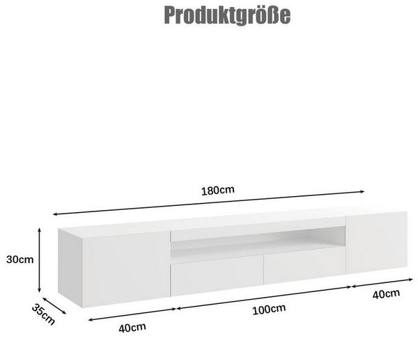 radelldar Lowboard 180cm Hochglanz mit LED-Beleuchtung und Stauraum (1 St), hängender TV-Schrank für Fernseher bis 85 Zoll
