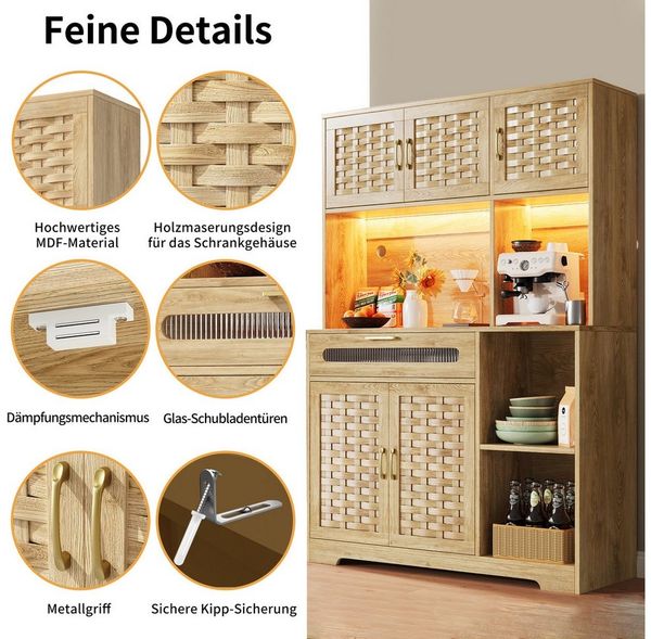 i@home Hochschrank Küchenschrank,(120×40×180cm) mit Schubladen, gewebte Schranktüren, Schränke mit LED-Beleuchtung