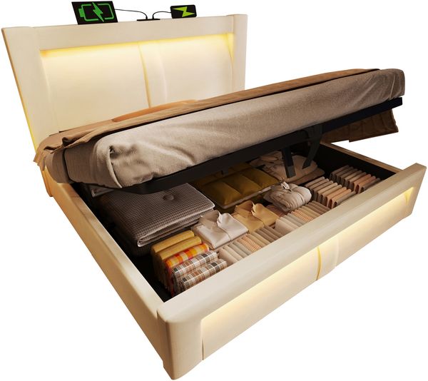 Polsterbett 160×200 cm mit hydraulischem Bettkasten, LED & USB/Type-C, Beige, ohne Matratze Bild 7