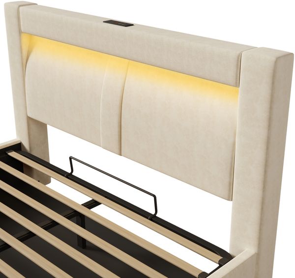 Polsterbett 160×200 cm mit hydraulischem Bettkasten, LED & USB/Type-C, Beige, ohne Matratze Bild 10