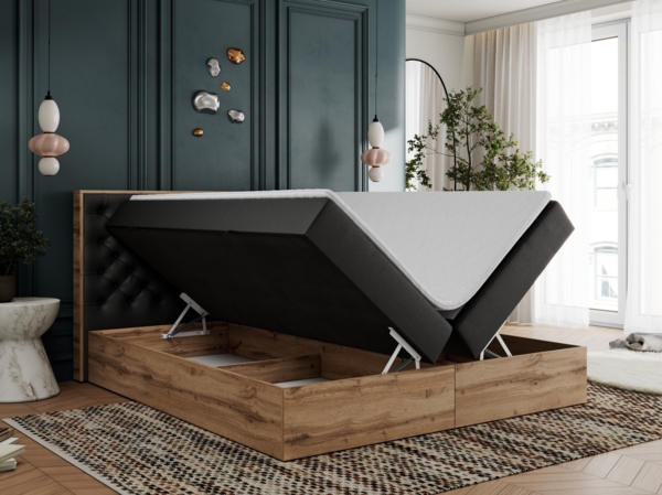 Boxspringbett mit Multipocket-Matratze und Zwei Bettkästen, Doppelbett mit Stauraum - ALBERO 3 - 140 x 200 cm - Schwarz Kunstleder - H3 Bild 3