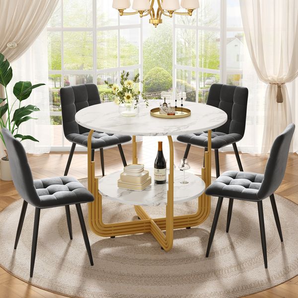 5-teiliges Esszimmer-Set mit rundem Esstisch Ø80 cm & 4 Samtstühlen – Essgruppe mit Marmormuster Tischplatte & Metallgestell
