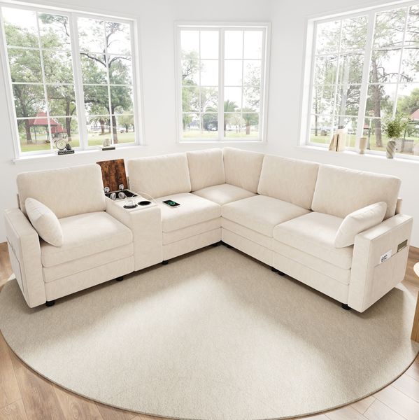Ecksofa Chenille mit Konsole, USB-Anschluss & Stauraum, 227x202x83 cm, Beige