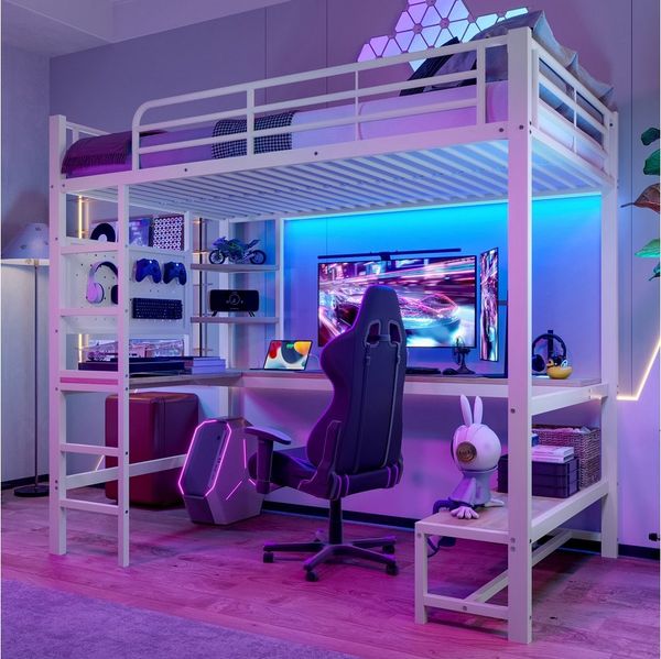 Ulife Hochbett Kinderbett Jugendbett, Schreibtisch, Geländer, mehrere Ablagen (Ohne Matratze) mit USB+Type-C Steckdose, LED Leiste, Lochbrett