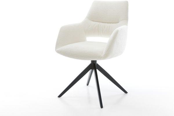 Drehstuhl Yago-Flex mit Armlehnen Bouclé Soft Beige Kreuzgestell breit Schwarz 360° drehbar Wippfunktion Taschenfederkern