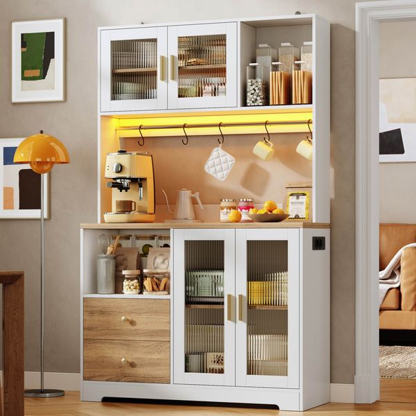 Merax 178 cm Küchenschrank, Hochschrank mit LED, Küchenregal mit Steckdose, Vitrine mit Türen aus gehärtetem Glas, Weinregal, Weiß