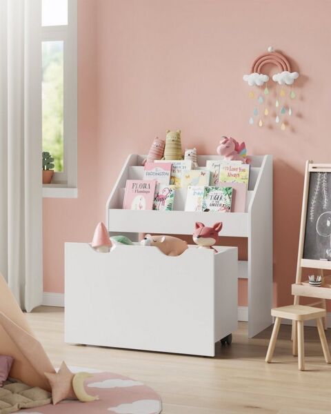Songmics Bücherregal für Kinder, mit 3 Regalebenen und Aufbewahrungsbox auf Rollen, MDF Wolkenweiß, 29,5 x 62,5 x 70 cm