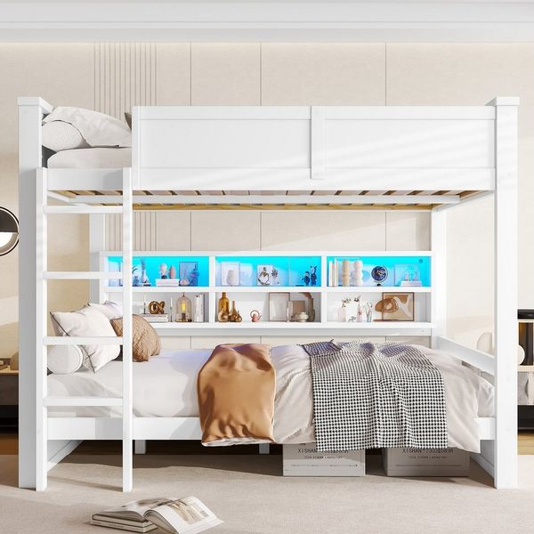 Flieks Etagenbett, Kinderbett 160x200 cm mit LED-Beleuchtung, Stauraumregal und Leiter