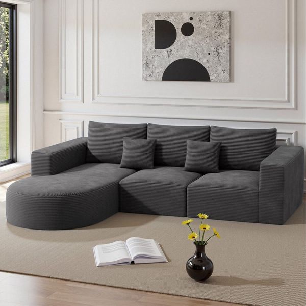 HawthyHome Sofa Cloud-Cord Ecksofa L-form 264x177 cm, 1 Teile, Montagefrei Couch mit zwei Kissen für Wohnzimmer & Schlafzimmer