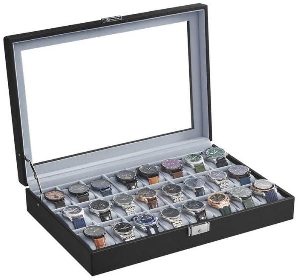 Songmics Uhrenbox Uhrenkasten, abschließbarer Uhrenkoffer, mit 24 Fächern