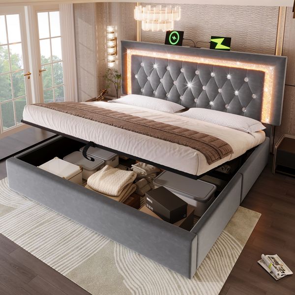 Polsterbett 140×200 cm mit LED, USB-C und hydraulischem Bettkasten, Samt Grau, ohne Matratze