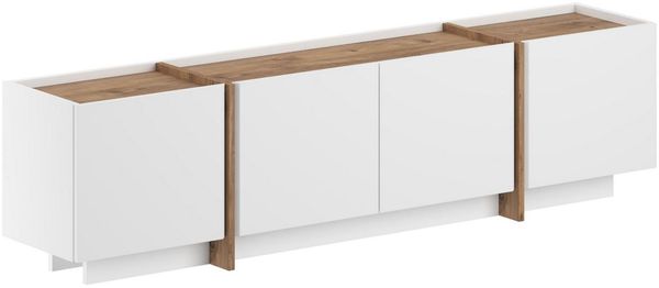 Modern TV Stand, 180 cm, White & Atlantic Pine, 100% Melamine Coated, 18 mm Thick, Soft-Close Hinges, Elegant Design for Living Room