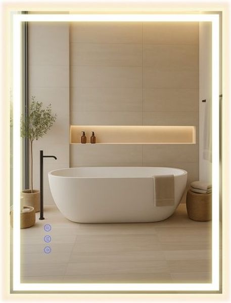 SONGMICS Badspiegel, Wandspiegel mit Beleuchtung, rechteckig, dimmbar, für Badezimmer und Wohnzimmer, 80,7 x 60,7 cm, weiß