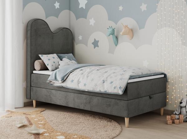 Kinderbett FLOW, Boxspringbett für Kinder, mit hohem Kopfteil, Einzelbett mit Matratze - 90x180 - Dunkelgrau Velvet - Topper Visco