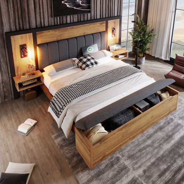 REDOM Holzbett mit Bettgestell Lattenrost (Struraumbett, Doppelbett, Funktionsbett, 2-tlg, 160×200cm, mit Matratze (Dicke 20cm), mit Leselampe und USB/Type-C Nachttisch und Sitzbank mit Stauraum