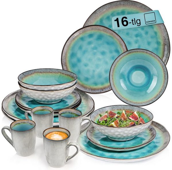 SÄNGER Tafelservice Capri Geschirrset, Türkis Blau (16-tlg), 4 Personen, Steingut, Handmade, Premium Collection