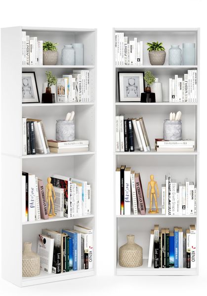 Furinno Jaya Bücherregal 2er-Set, 5-stufiges Bücherregal, mit verstellbarem Einlegeboden, 24.13 x 62.23 x 180.34 cm, für Homeoffice, Wohnzimmer, Weiß
