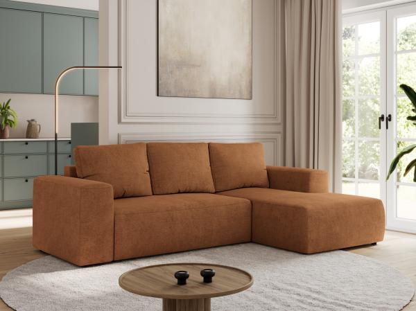 Ecksofa mit Schlaffunktion, Bettkasten und losen Kissen für das Wohnzimmer - TRENTINO - Orange Stoff - rechts