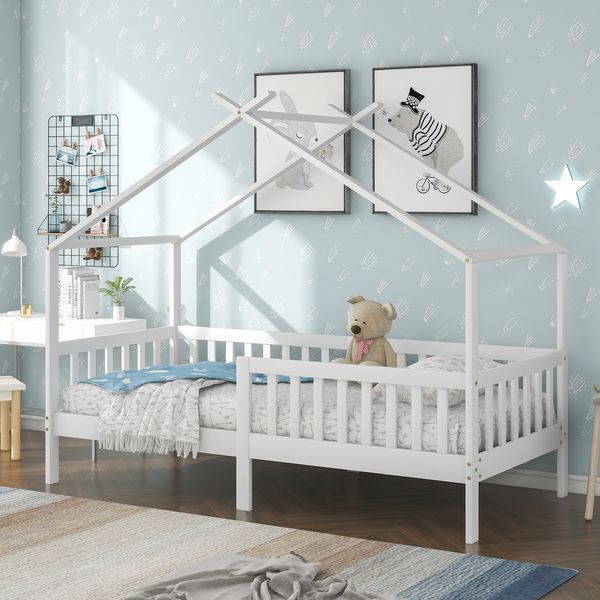 Hausbett 90×200 cm mit Rausfallschutz und Lattenrost, Weiß, ohne Matratze