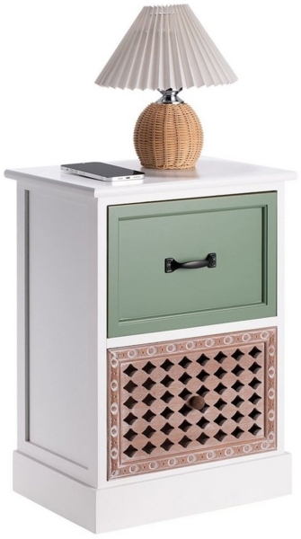 CARO-Möbel Nachtkommode FIONA, Nachttisch Nachtkommode Nachtschrank 2 Schubladen weiß grün braun Vint
