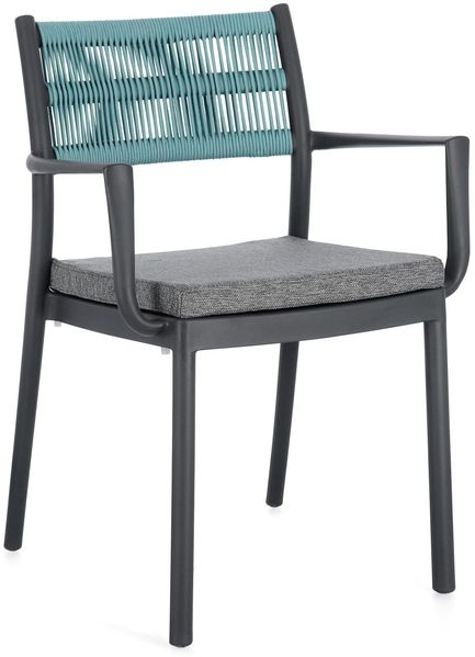 Gartenstuhl Alvin mit Armlehne, Metallgestell modern, anthrazit hellblau, gepolstert stapelbar