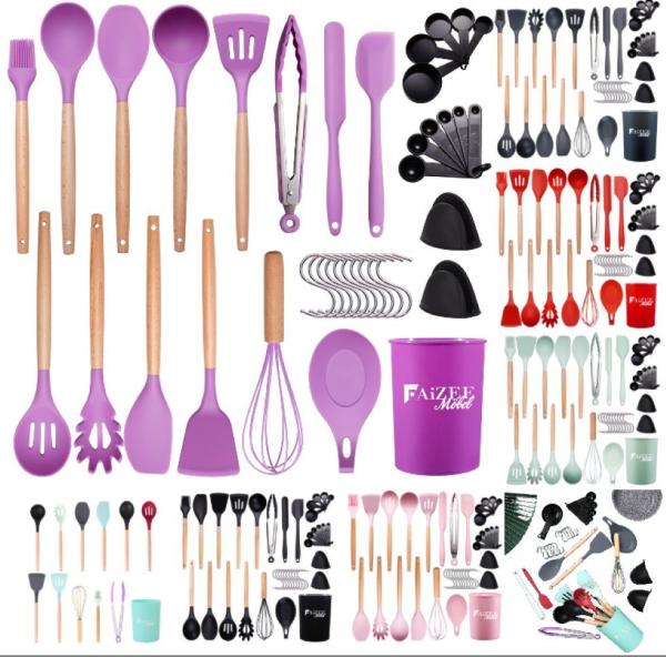 Faizee Möbel Kochbesteck-Set Küchenhelfer Set 38tlg Silikon Kochbesteck Holzgriff Küchenutensilien
