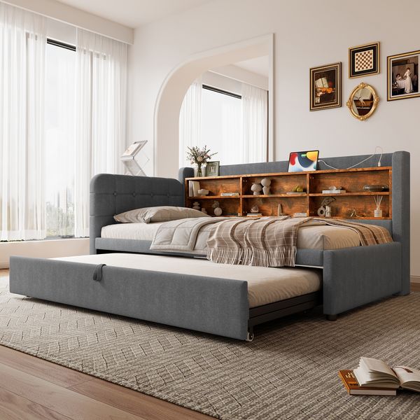 Bett Ausziehbett 90/180x200 cm Polsterbett aus Leinen mit handgenähtem Knopf-Kopfteil, USB & Typ‑C,Grau