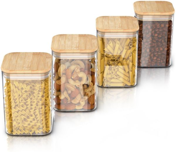 Arendo Aufbewahrungsbecher Glasbehälter-Set 4x 1,2 L Borosilikatglas mit Bambusdeckel, luftdicht, Borosilikatglas, Bambus, Silikon, (Vorratsbehälter-Set, 4-tlg, 4er Set), Hitzebeständig, umweltfreundlich, langlebig, mikrowellengeeignet