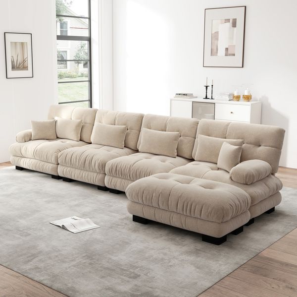 Ecksofa Chenille modular mit beweglichem Ottoman, 4-Sitzer, 406 x 145 x 81 cm, Hellbraun