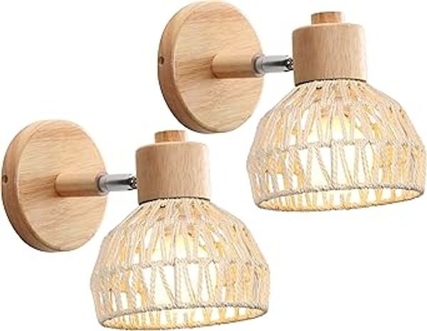 iDEGU Wandleuchten fur den Innenbereich (2er-Set) — 15 cm, verstellbarer Winkel, Design aus Holz , Rattan, Vintage E27-Fassung — Geeignet fur Schlafzimmer, Wohnzimmer, Flure und Esszimmer (Modell: Weißes Rattan) [Energieeffizienzklasse A]