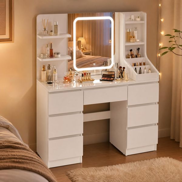 JUMMICO Große Schminktisch mit Verstellbaren LED-Beleuchtung Schminktisch mit Spiegel 64cm*54cm Einstellbare Helligkeit 7 Schubladen, 4 Offenen Ablagen Moderner Stil 110 x 40 x 139 cm Cremeweiß