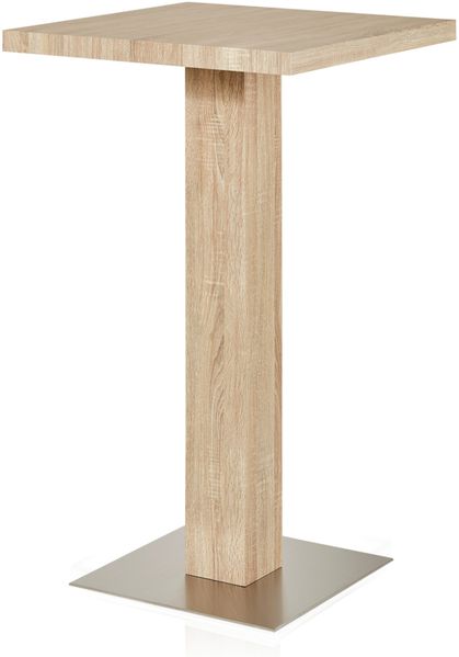 UNO Bartisch 70 x 70 x 107 cm Tischplatte und Säulengestell Holzwerkstoff foliert, Eiche Sonoma Optik, Küchentisch, Küchentresen, quadratischer Stehtisch, Bodenplatte Edelstahl gebürstet
