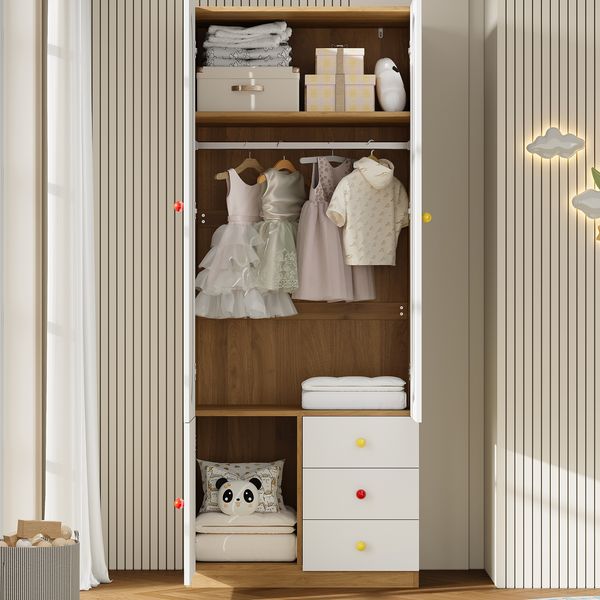 Merax 2-türiger Kleiderschrank mit Schubladen, Schlafzimmer-Aufbewahrungsschrank, Kinderzimmermöbel, mit Kleiderstange, bunten Keramikgriffen, Weiß
