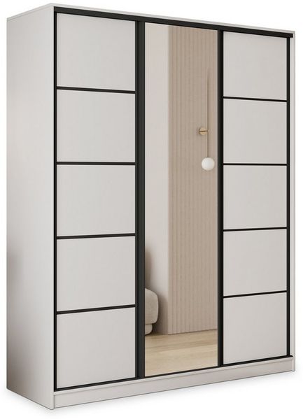 Masseno Schwebetürenschrank PINA 150 cm Kleiderschrank mit Spiegel 3 Türen und 4 Schubladen Weiß