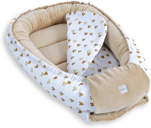 LOOLAY Babynest, Nestchen für Neugeborene – Baby Nestchen 91 × 63 cm mit Matratze, Tragbares Nest aus Samtvelours & Baumwolle – Wendbares, Ganzjährig Nutzbares babynestchen