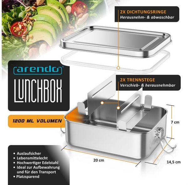 Arendo Lunchbox Edelstahl Brotdose 1200 ml mit Fächern, für Kinder und Erwachsene, Edelstahl, (1-tlg, 2 Trennstege, 2 Silikondichtungen), auslaufsicher, entnehmbare Trennstege, Dichtung, lebensmittelecht