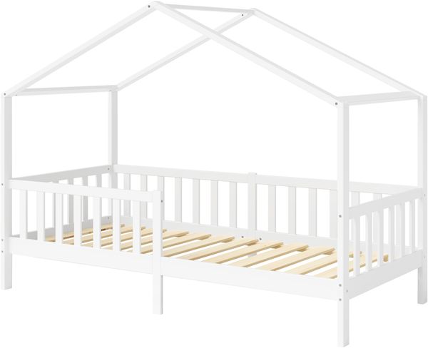 Bellabino 'Bia' Hausbett 90x200 cm mit Matratze, weiß, Kiefer Massivholz, Montessori Kinderbett mit Rausfallschutz und Lattenrost Bild 2