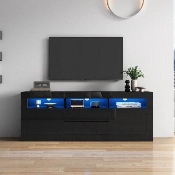 BlingBin TV-Schrank Lowboard mit LED-Beleuchtung (Hochglanz-TV-Schrank, 1-St, 3 offenen Fächern, 2 Türen, 2 Schubladen, 160×35×60 cm) Smart App Steuerung, für 70-Zoll-Fernseher,Hochglanz-TV-Ständer