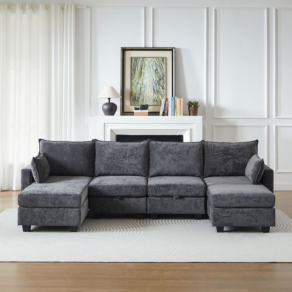 6-Sitzer Wohnlandschaft H 87.6 x T 289.6 x B 141 cm aus Chenille mit Schlaffunktion und Stauraum, modular