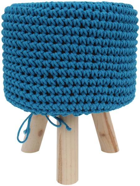 Sitzhocker Hellblau Holz Strickpolster Stoff Polster Retro Hocker Sitzpouf Holzfuß Sitzbank Pouf Fußbank Rund Metall Wohnbereich Möbel Vintage Relax Bild 4